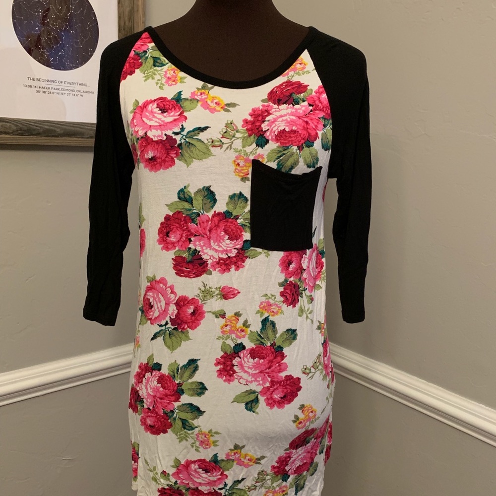 Black and Floral Baseball T Shirt Tunic S